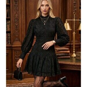 Bardot Olessia Lace Mini Dress M Black Long Sleeve Gothic Romantic Boho Regency